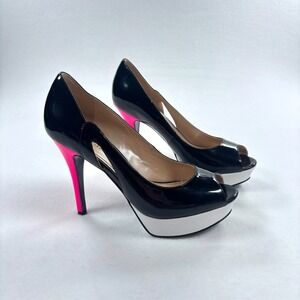 Marc Fisher Heels Peep Toe Pump Black Pink White Platform Pinup 50s Era 7.5